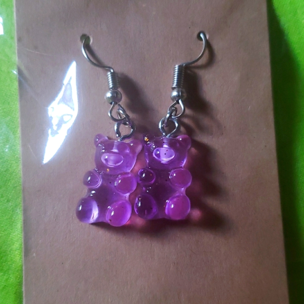 Purple gummy bear dangle earrings